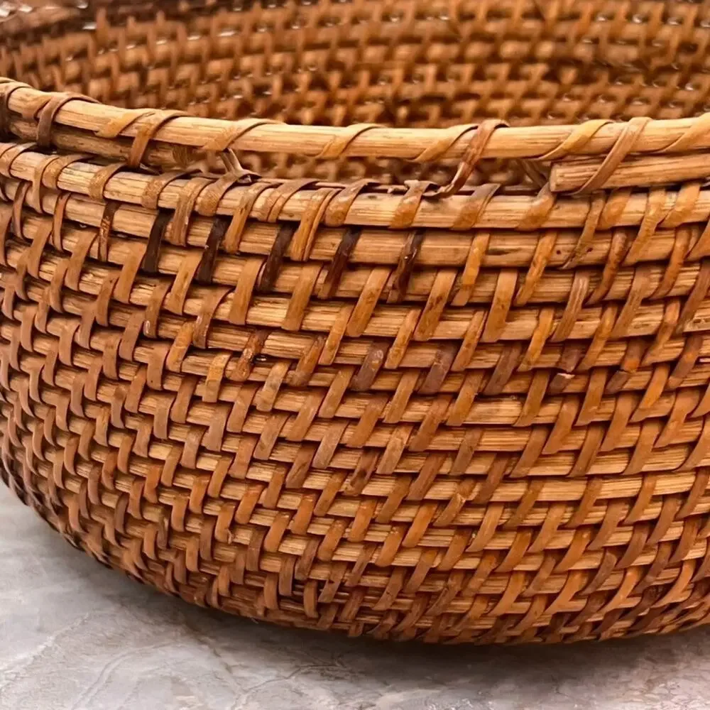 Natural Rattan Round Fruit Basket Weaved Aged Patina 10.5